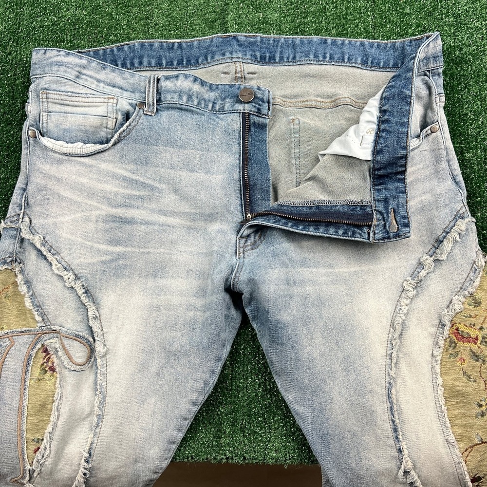 Smoked Rise Men's Jeans Light Wash Denim 43x36" Flare Floral Applique Stretch